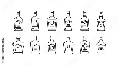 Collection of twelve outline liquor bottle silhouettes with labels in a grid pattern