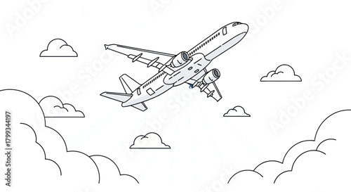 a commercial airplane line art taking off into a white sky with simple clouds symbolizing modern air travel global journeys.