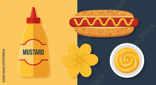 a hot dog with bright yellow mustard a squeeze bottle a bowl and a flower showcasing the popular condiments versatility.