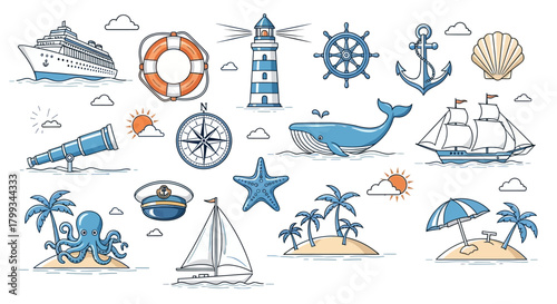 colorful cartoon nautical marine and beach summer vacation elements perfect for sea adventures and tropical holidays.