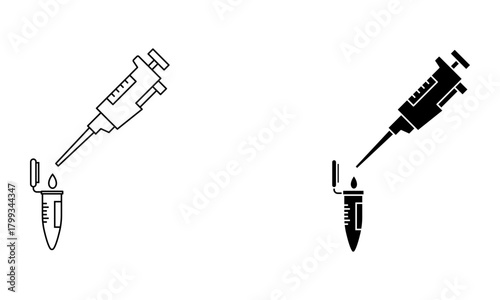 a pipette dispensing a drop of liquid into an open microcentrifuge tube icon vector