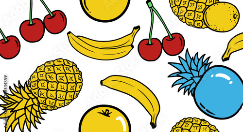 colorful fruit pattern with playful illustrations of cherries bananas and pineapples on white ideal for healthy design concepts.
