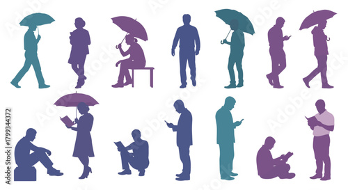 colorful people silhouettes performing daily activities walking reading and using phones some with umbrellas depicting modern urban life.
