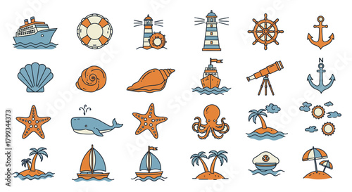 colorful marine and travel icons collection illustrating diverse sea beach and ocean elements for summer vacations and adventure graphics.