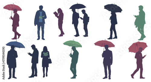 colorful silhouettes of urban people walking with umbrellas using mobile phones and reading depicting modern urban life.