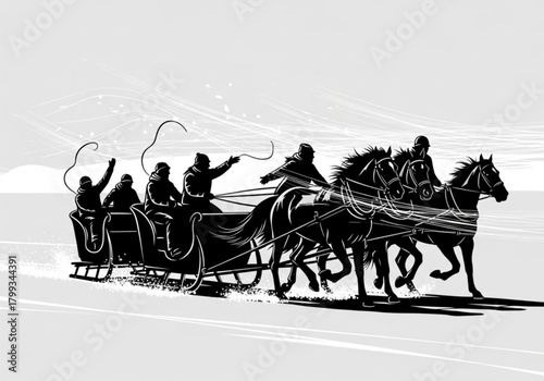 Dynamic black and white illustration of a traditional Russian troika sleigh ride.