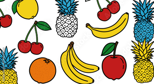colorful vector seamless fruit pattern. vibrant cartoon pineapples cherries and bananas on white for summer designs.