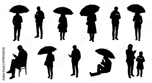 diverse black silhouettes of people engaged in everyday activities including holding umbrellas reading books and using smartphones for graphic assets