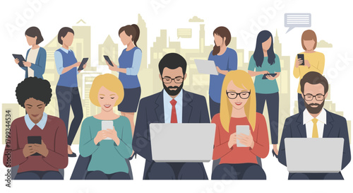 digital communication diverse people engaging with modern technology devices in an urban setting illustrating connectivity and teamwork.