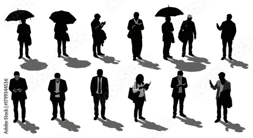 diverse black silhouettes of people with umbrellas reading and phones for architectural plan views and graphic design elements.
