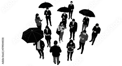 diverse crowd reading books and using phones under umbrellas an overhead illustration depicting modern information habits and city life.