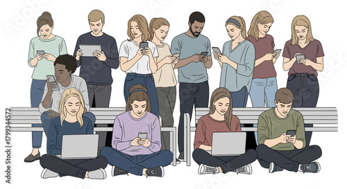 diverse group of people engrossed in their smartphones tablets and laptops highlighting digital device addiction and social isolation.