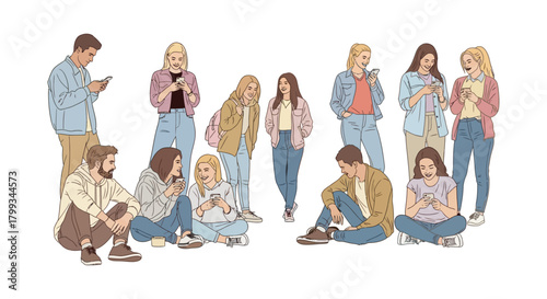 diverse group of young adults happily using smartphones connecting and socializing illustrating modern digital communication and youth culture.