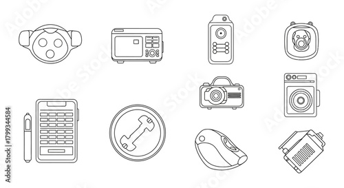 line art outline icons of diverse modern household electronics and tech devices ideal for web app and graphic design projects.