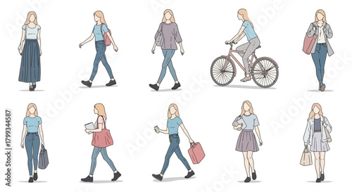 line art young women daily activities walking cycling shopping with bags. perfect for diverse lifestyle vector designs.