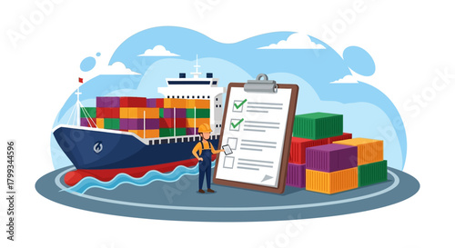 logistics manager checks container cargo ship at port ensuring efficient global supply chain operations with a detailed checklist.