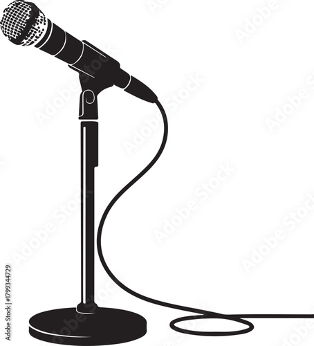 black silhouette of studio mic stand on white background, vector.