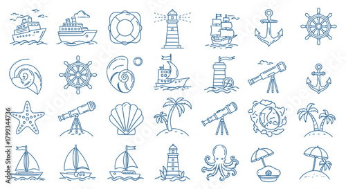 minimalist line art nautical travel icons set ships anchors lighthouses marine life summer web design.