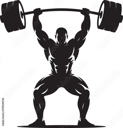 Black silhouette of strongman lifting heavy weight, white background, minimal style.