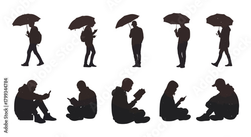 minimalist silhouettes of diverse people walking with umbrellas sitting using phones and reading illustrating modern urban life digital connection.