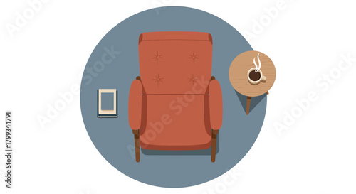 top view of a cozy armchair book and hot coffee on a side table illustrating home comfort peaceful relaxation and quiet leisure.