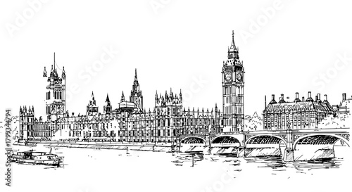 london landmarks sketch big ben houses of parliament westminster bridge over thames river perfect for illustrating british travel.