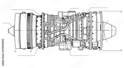 turbine engine blueprint detailing the intricate components of an aircraft turbine engine for engineering schematics and technical documentation use.