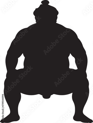 Black silhouette of sumo wrestler, white background, minimal style