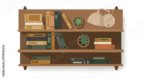 wooden bookshelf with books plants and lamp. flat design illustration for home decor reading and organization.