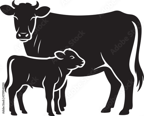 Black silhouette of a mother cow standing with her calf