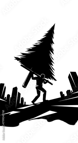 Silhouette of a strong person carrying a large evergreen tree on their shoulder.