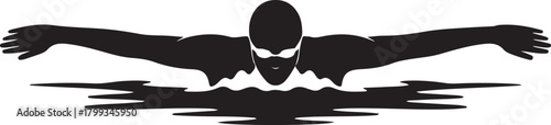 Black silhouette of swimmer doing butterfly stroke, white background