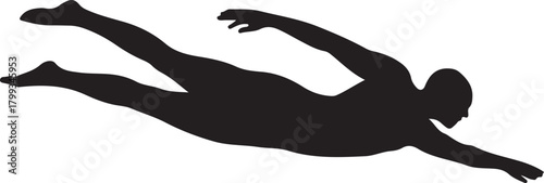 Black silhouette of swimmer doing butterfly stroke, white background, minimal style