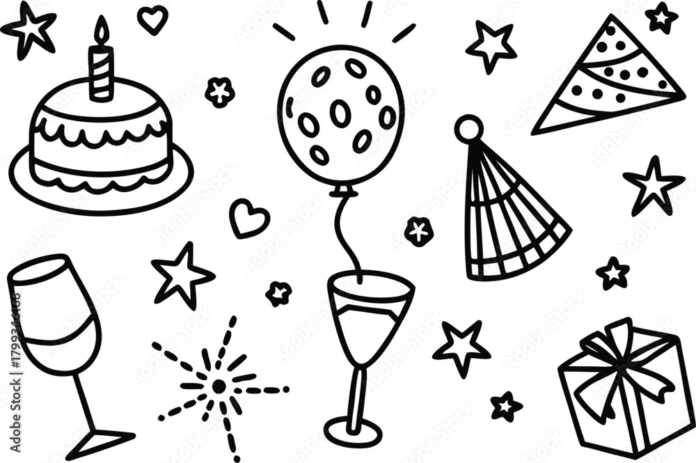 Fototapeta premium Hand drawn birthday party elements including cake, balloon, gift, and hat