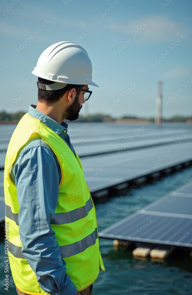 Obraz premium Engineer in hard hat checks solar panels on water. Floating power plant generates green energy. Man works on sun farm near industrial facility.