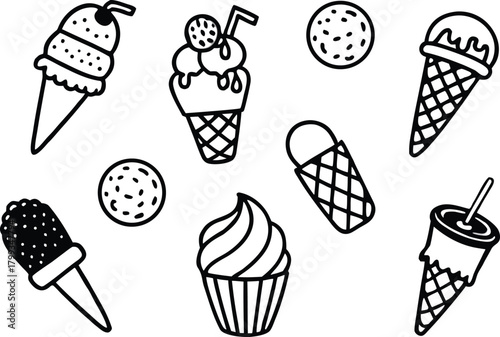 Hand drawn ice cream cones and scoops vector illustration set
