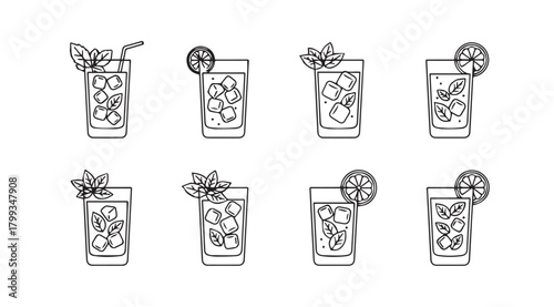 Collection of eight refreshing cocktail drinks with ice and lime silhouette