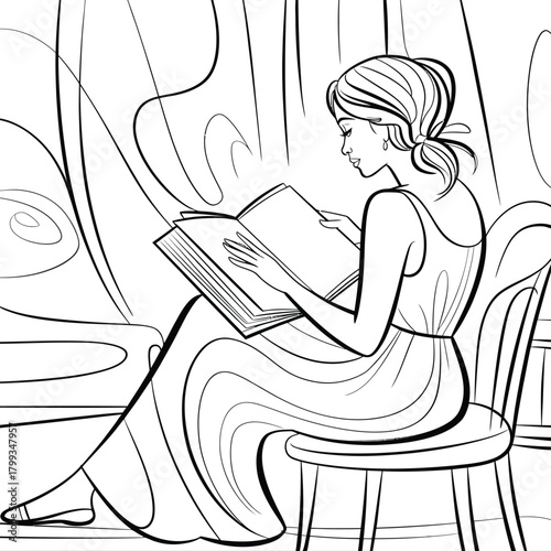 Woman reading book on chair, line art illustration, knowledge and leisure time Vector