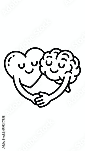 Heart and brain hugging illustration symbolizing emotional and rational balance. Vector