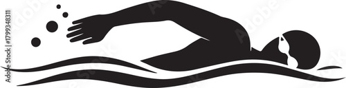 Black silhouette of swimmer doing freestyle stroke, white background, minimal style