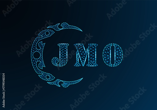 Low poly letter logo JMO design. JMO letter logo low poly vector design on blue color gradient background. JMO logo low poly design
