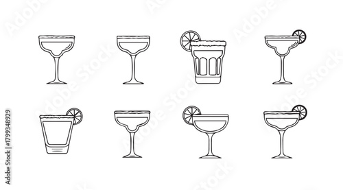 Collection of eight different cocktail glasses in a simple silhouette style