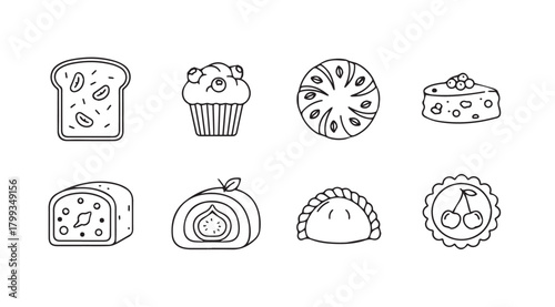 Collection of baked goods and pastries in a simple line drawing silhouette
