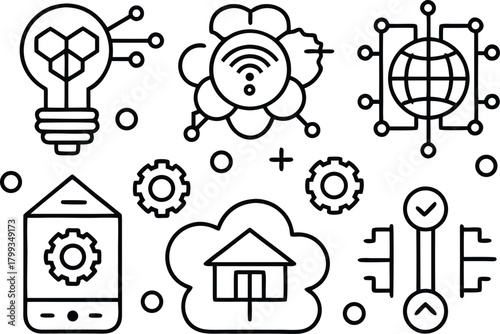 Set of vector icons representing smart technology and automation concepts