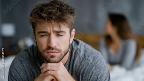 Upset man sitting, facing intimate relationship difficulties, worried about male potency problems, experiencing erectile dysfunction, decreased sexual health, personal life issues, emotional distress.