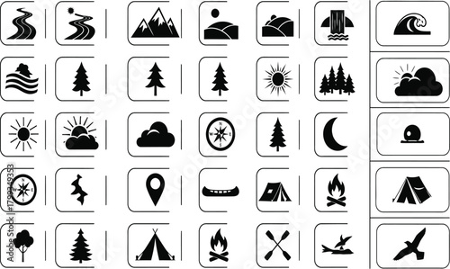 Collection of black and white silhouette icons representing nature adventure and outdoor activities
