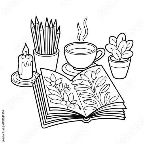 Cozy still life outline: book, coffee, candle, pencils, plant for coloring fun Vector