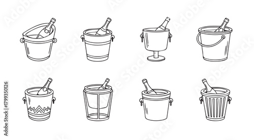 Collection of eight different champagne ice buckets in a stylized silhouette