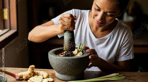 Woman preparing thai curry paste with mortar and pestle authentic fresh ingredients home kitchen