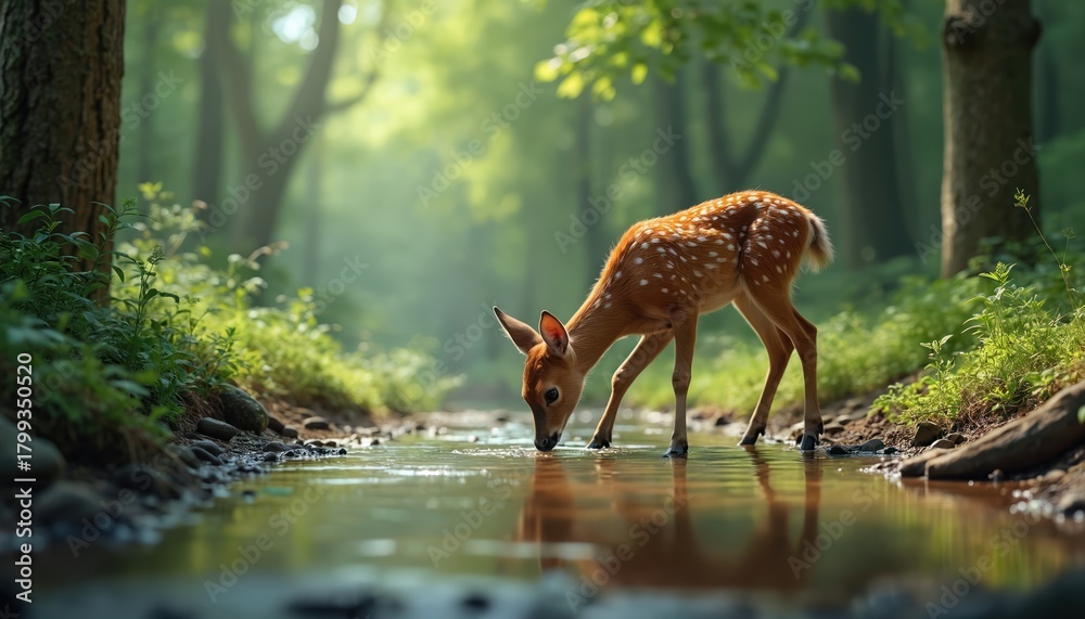 Obraz premium Illustration presents a young deer drinking water in forest. The fawn bends to the stream edge. Green trees create soft background. Sunlight filters through leaves creating peaceful scenery.